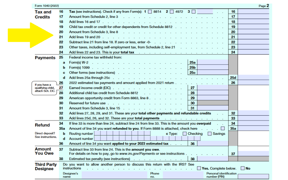 Screenshot of IRS Form 1040, featuring a yellow arrow directing attention to the "Tax and Credits" section.